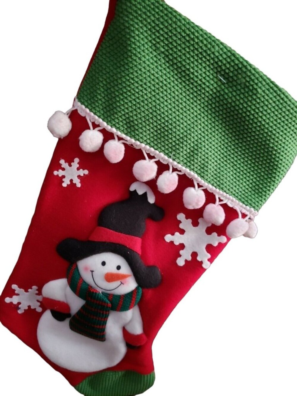 Christmas Stocking 18in Length 8in Width Snowman Pom Poms Green Red Mantel Decor